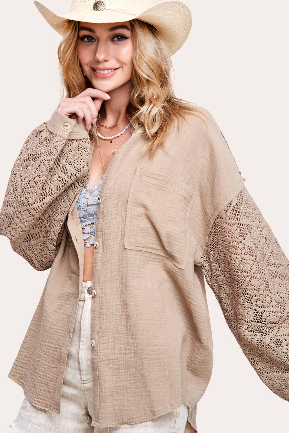 La Miel - Wholesale Button Down Shirt - Women's - SRT7455-Crochet Detailed Sleeve Gauze Button Down Shirts7