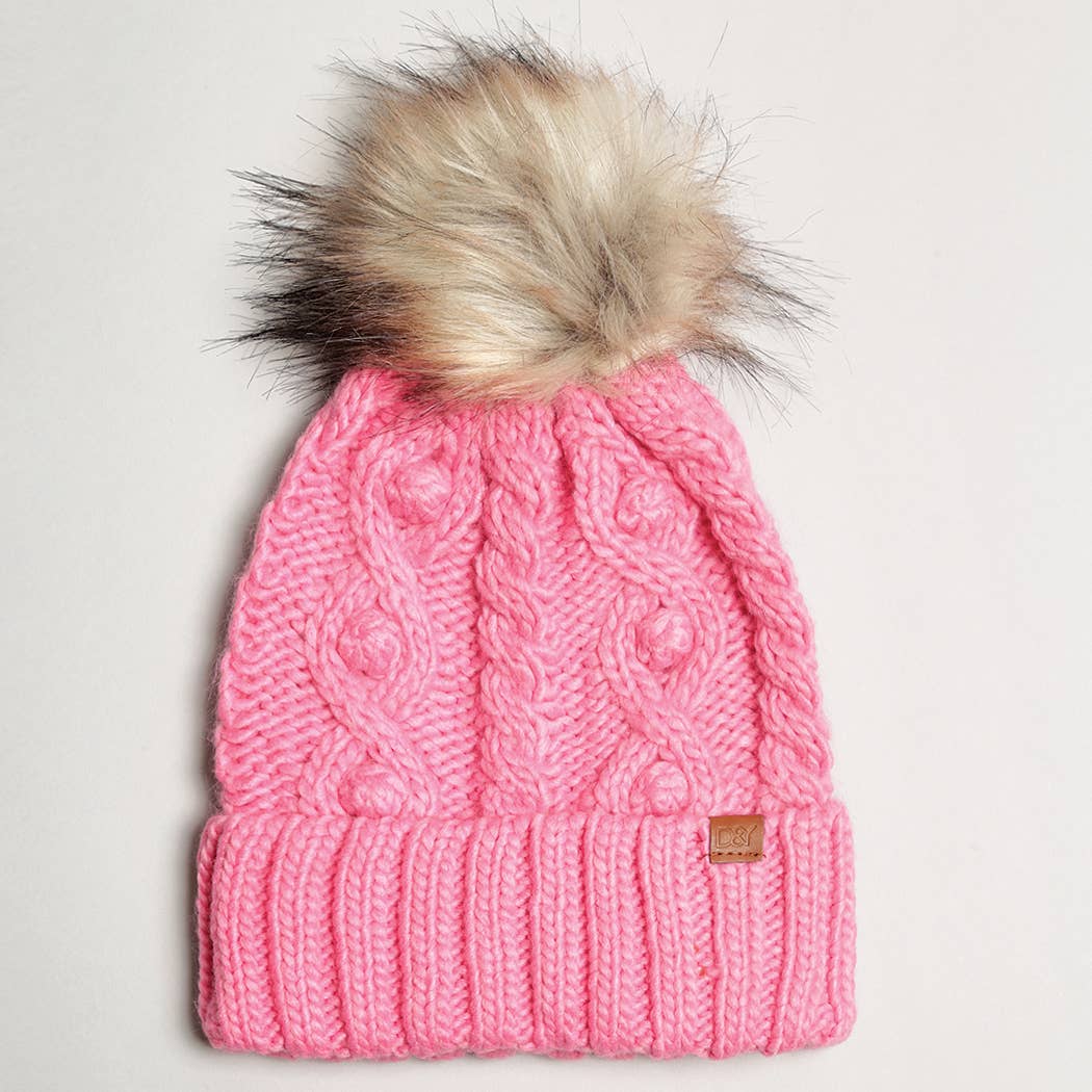 Fashion City - Wholesale Beanie - Women's - Popcorn Trim Knit Beanie w Faux Fur Pom7