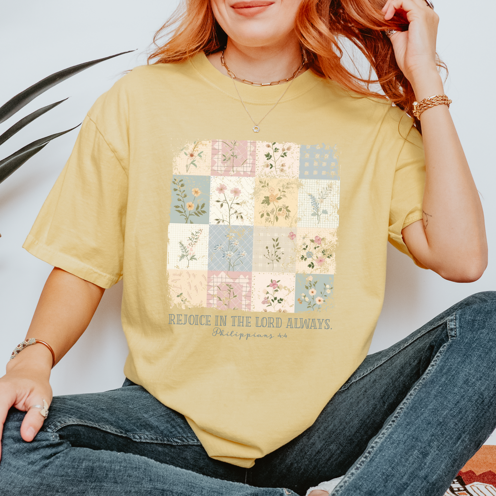 Scripted Pearl - Wholesale Screen Printed T-Shirt - Women's - Rejoice In The Lord Always Vintage Floral Comfort Colors Tee5