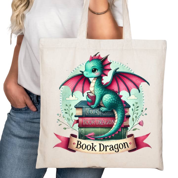 Sac fourre-tout Book Dragon Pink – Sac de lecture pour les amoureux des livres – Sac pour lecteur – Sac pour lecteur de romance – Marchandise de librairie pour la vente par Purely Bookish