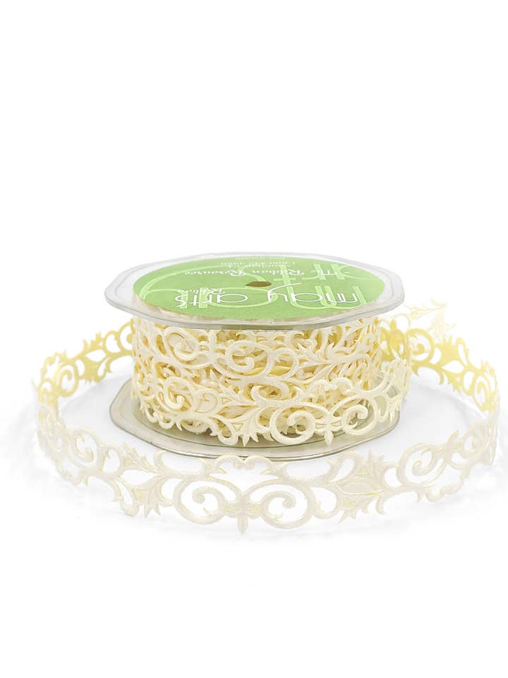 7/8" Ivory Fleur-de-lis Scroll Adhesive Ribbon for wholesale by May Arts Ribbon