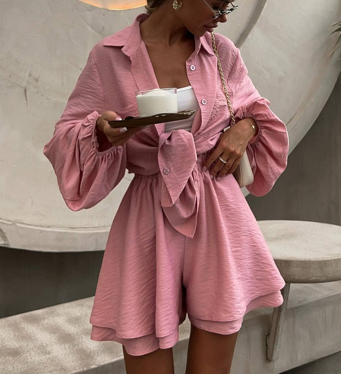 HIDDENBRAND - Wholesale Top & Short Set (NOT Loungewear) - Women's - Puff Sleeve Shirt Wide-Leg Shorts Two-Piece Set4