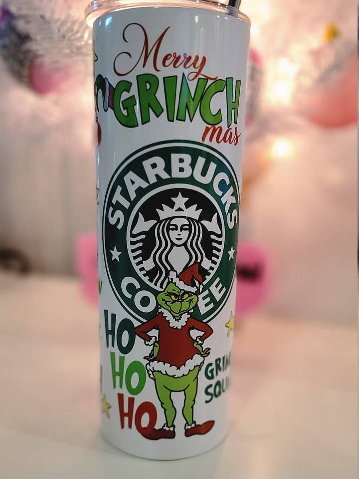 Grinch Starbucks - Christmas - Stainless Steel Tumbler - Handmade Grinch- 20oz Straight Skinny Tumbler for wholesale by Boss Design Co Boutique