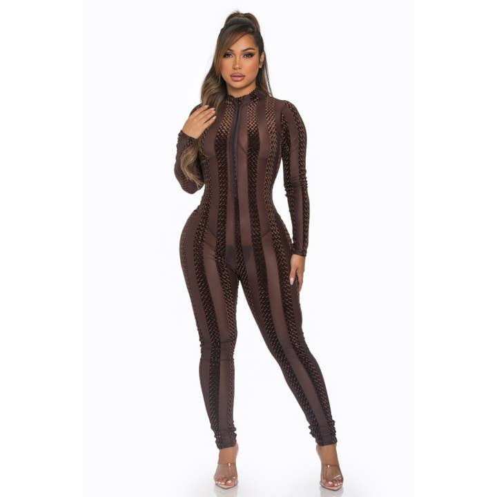 J7406 Mesh Velvet Contrast Jumpsuit for wholesale by Uptown Apparel