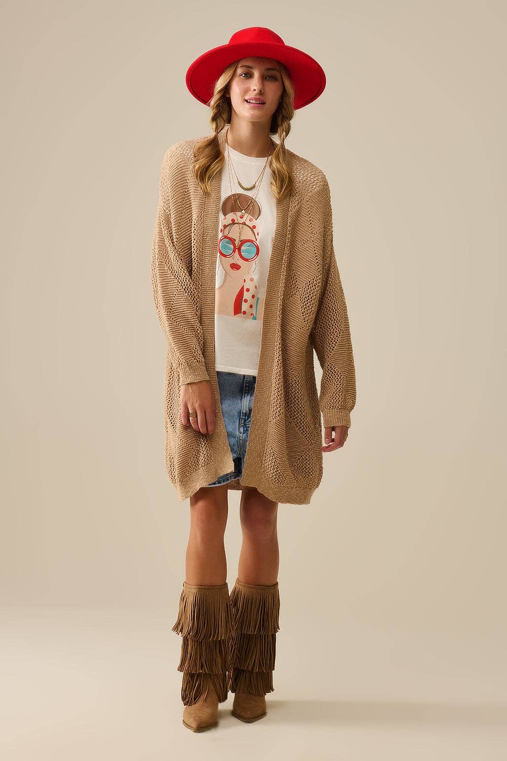 BEIGE Camel Draped Cardigan With Crochet Design for wholesale on Faire3