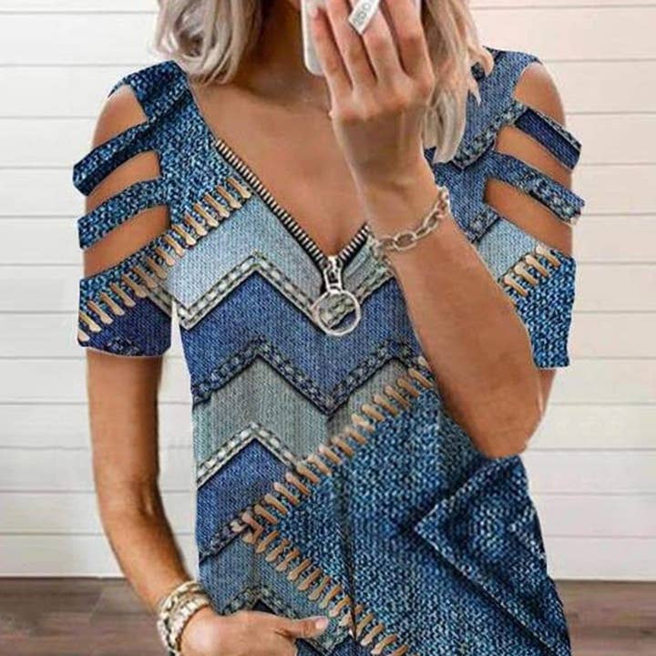 Top de manga corta sin tirantes con cremallera estampada azul para venta al por mayor de Tourtiwi
