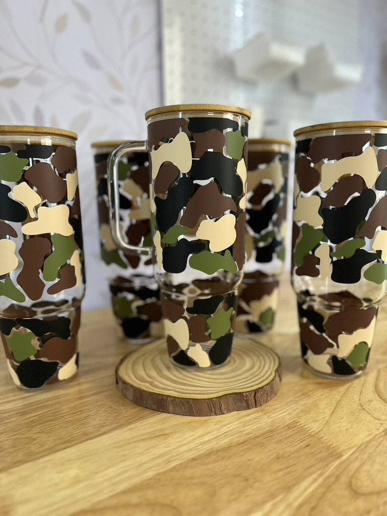 SKS Design Studio - Wholesale Drinking Glass/Cup - Old School Camo | UVDTF | 40 oz Glass Tumbler with Bamboo Lid & Straw2