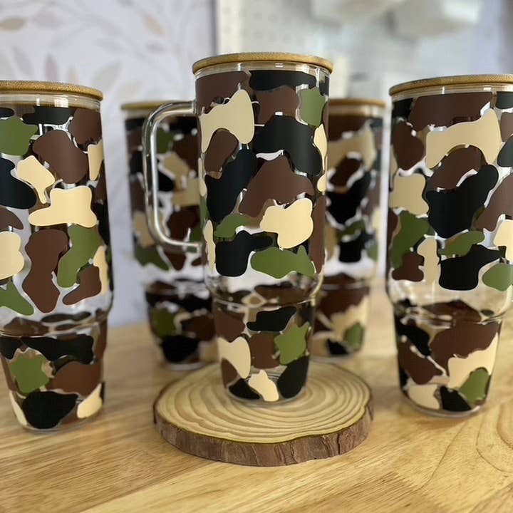 SKS Design Studio - Wholesale Drinking Glass/Cup - Old School Camo | UVDTF | 40 oz Glass Tumbler with Bamboo Lid & Straw2