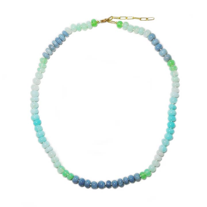 Ombre Blue & Green Opal Rondelles Necklace for wholesale by gold & gray