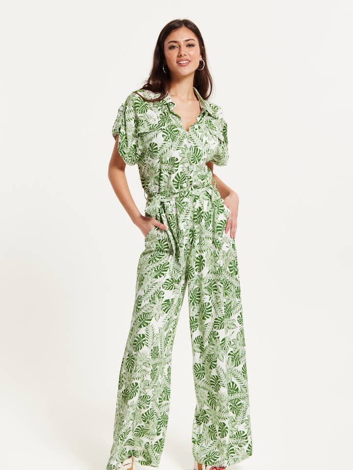 Liquorish Green Leaf Printed Jumpsuit for wholesale by Liquorish