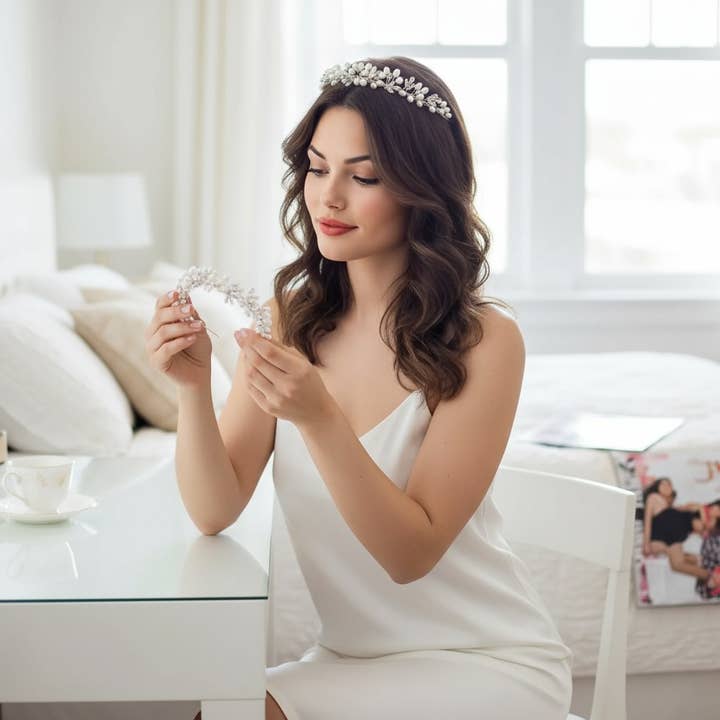 ATHENA COLLECTION - ETERNALLY PEARL TIARA - SILVER - AHB46 for wholesale by Athena Bridal Jewellery