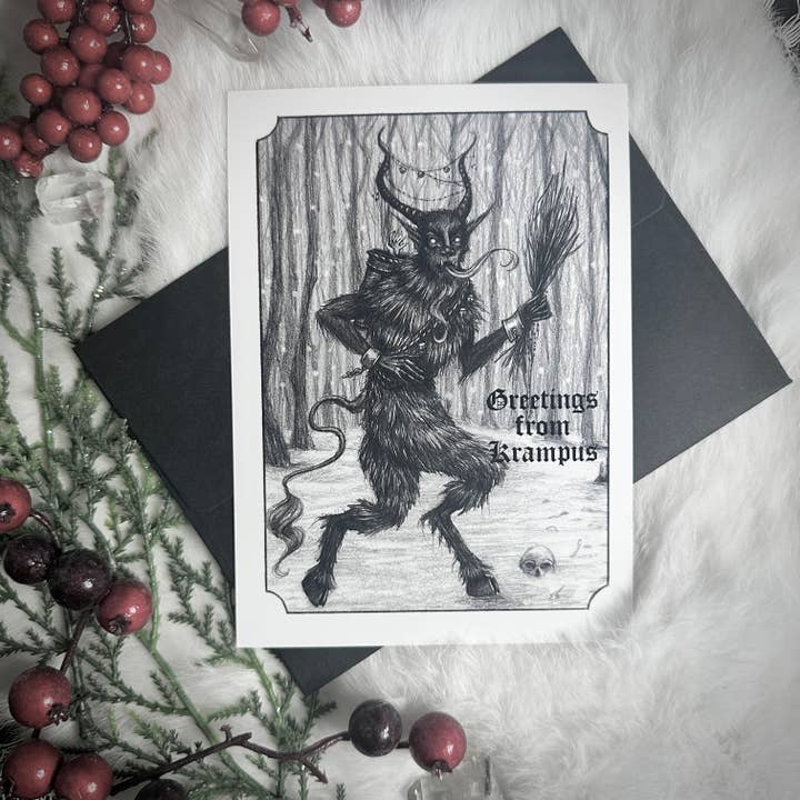 Greetings from Krampus Holiday Card - Pack of 10 Cards for wholesale by Caitlin McCarthy Art