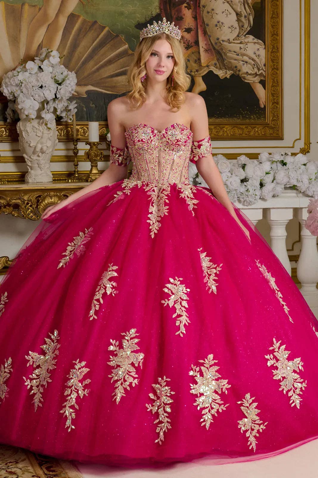 FUCHSIA Off Shoulder Long Quinceanera Tulle Ball Gown w/ Corset Back & Bejeweled Grommets GLGL3641 for wholesale on Faire0