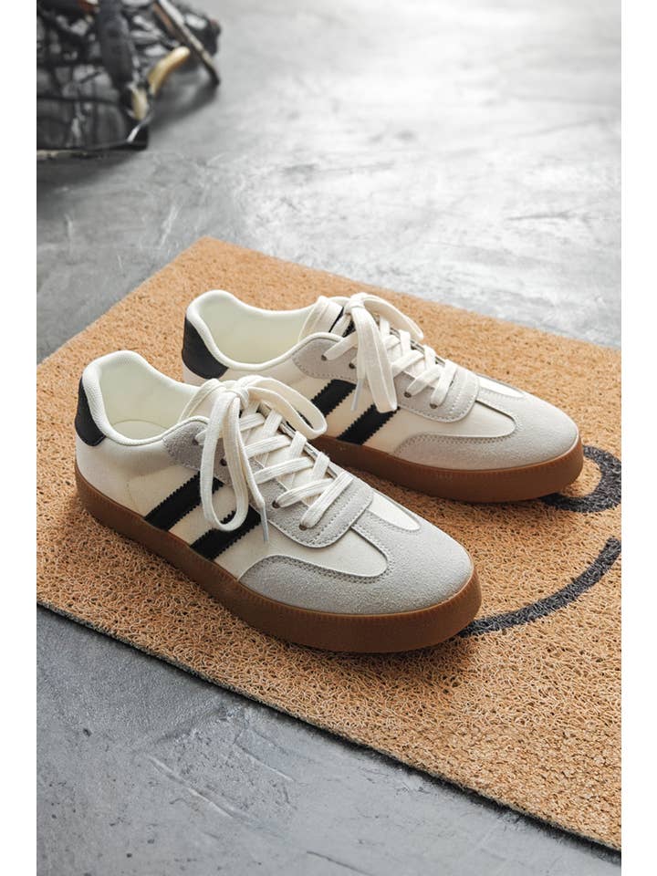 White LDC Striped Lace-up Flat Sneakers for wholesale on Faire