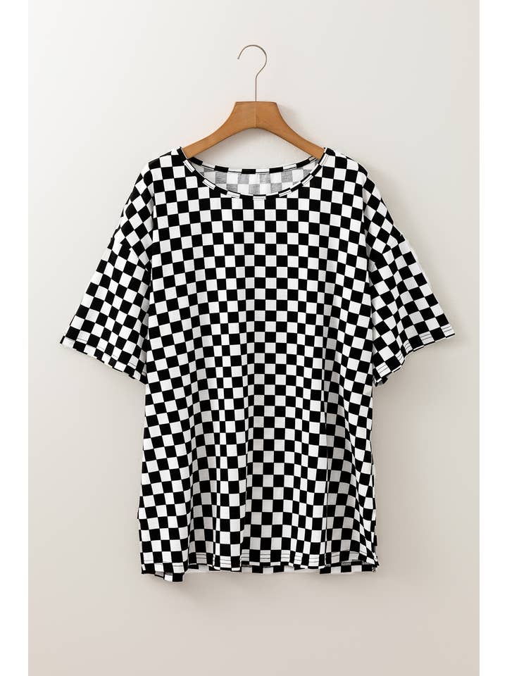Black Plus Size Checkered Print Side Slits Round Neck T Shirt for wholesale on Faire