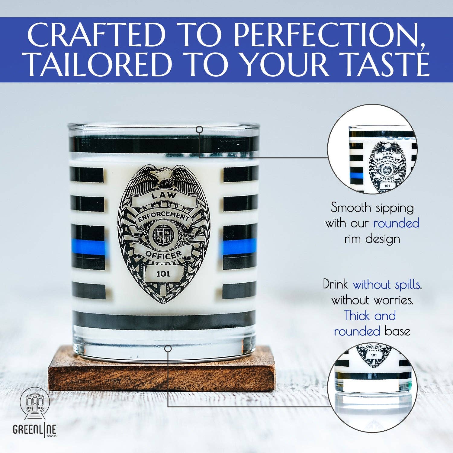 Greenline Goods - Vente Verres à cocktail/alcool - Verres à whisky Old Fashioned pour policier Thin Blue Line (ensemble de 2)5