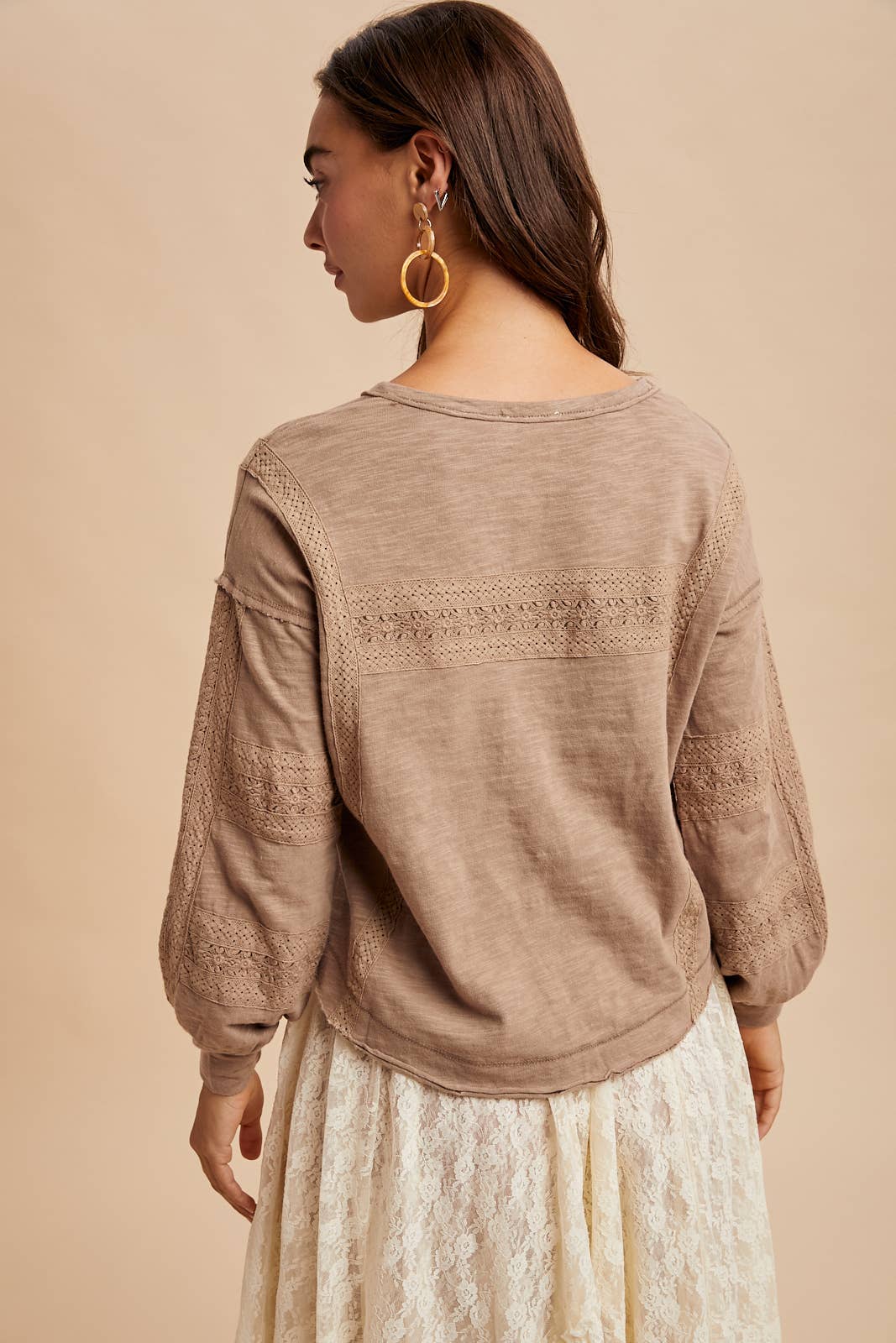 In Loom - Wholesale Blouse - Women's - GARMENT WASHED LACE INSET LONG SLEEVE TOP7