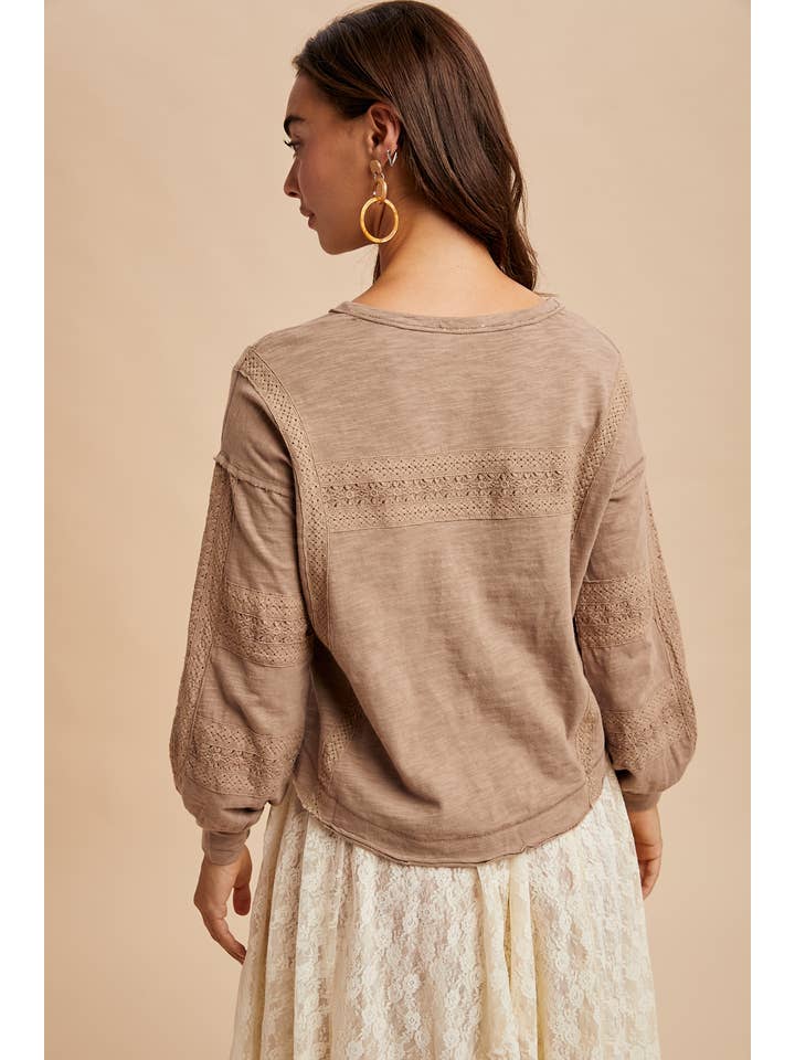 In Loom - Wholesale Blouse - Women's - GARMENT WASHED LACE INSET LONG SLEEVE TOP7