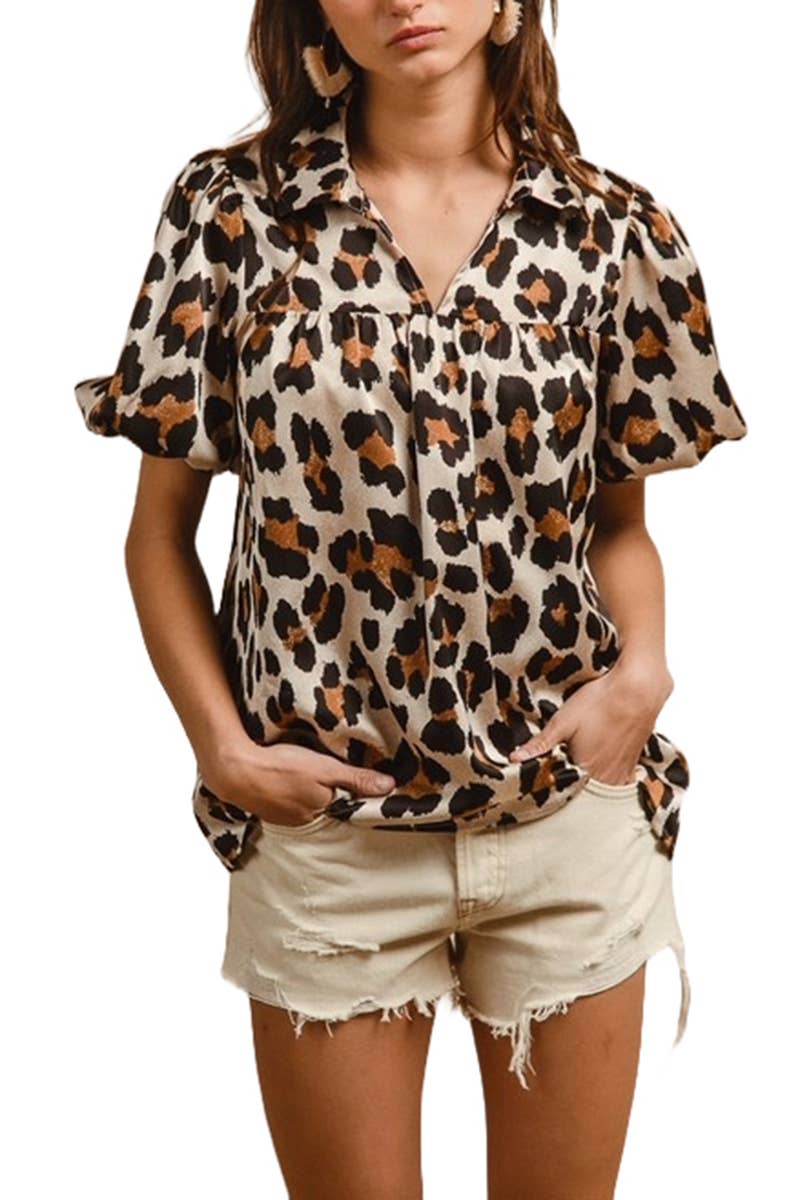 ちぴ様2点セット Wholesale Leopard Print Shirring Yoke Puff Top for your