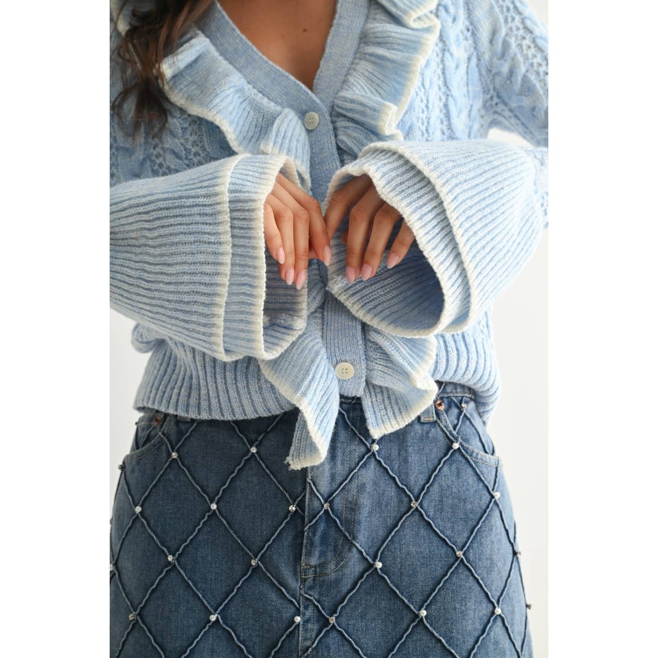 Camellia - Wholesale Cardigan - Women's - STYLIESH BLUE RUFFLED CARDIGAN4