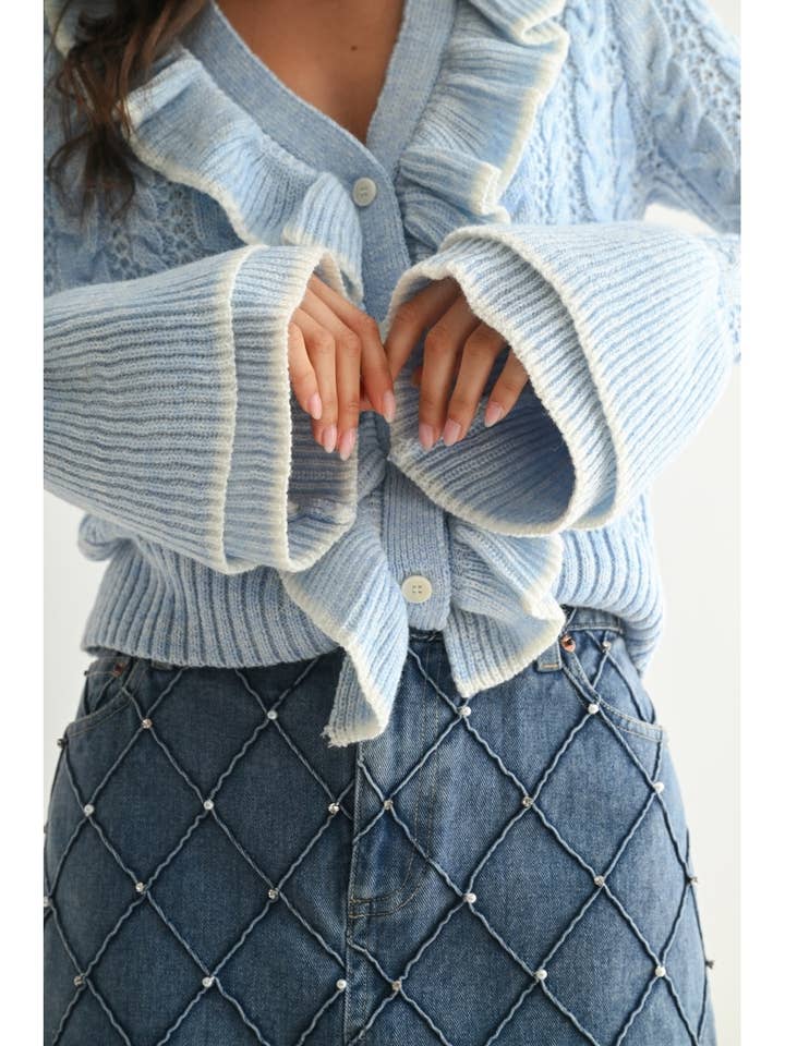 Camellia - Wholesale Cardigan - Women's - STYLIESH BLUE RUFFLED CARDIGAN4