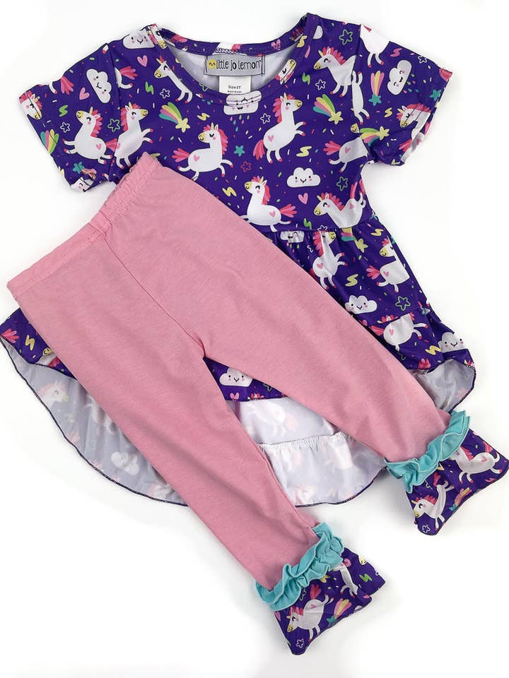 Purple Unicorns Ruffled Tunic Set for wholesale by Little Jo Lemon