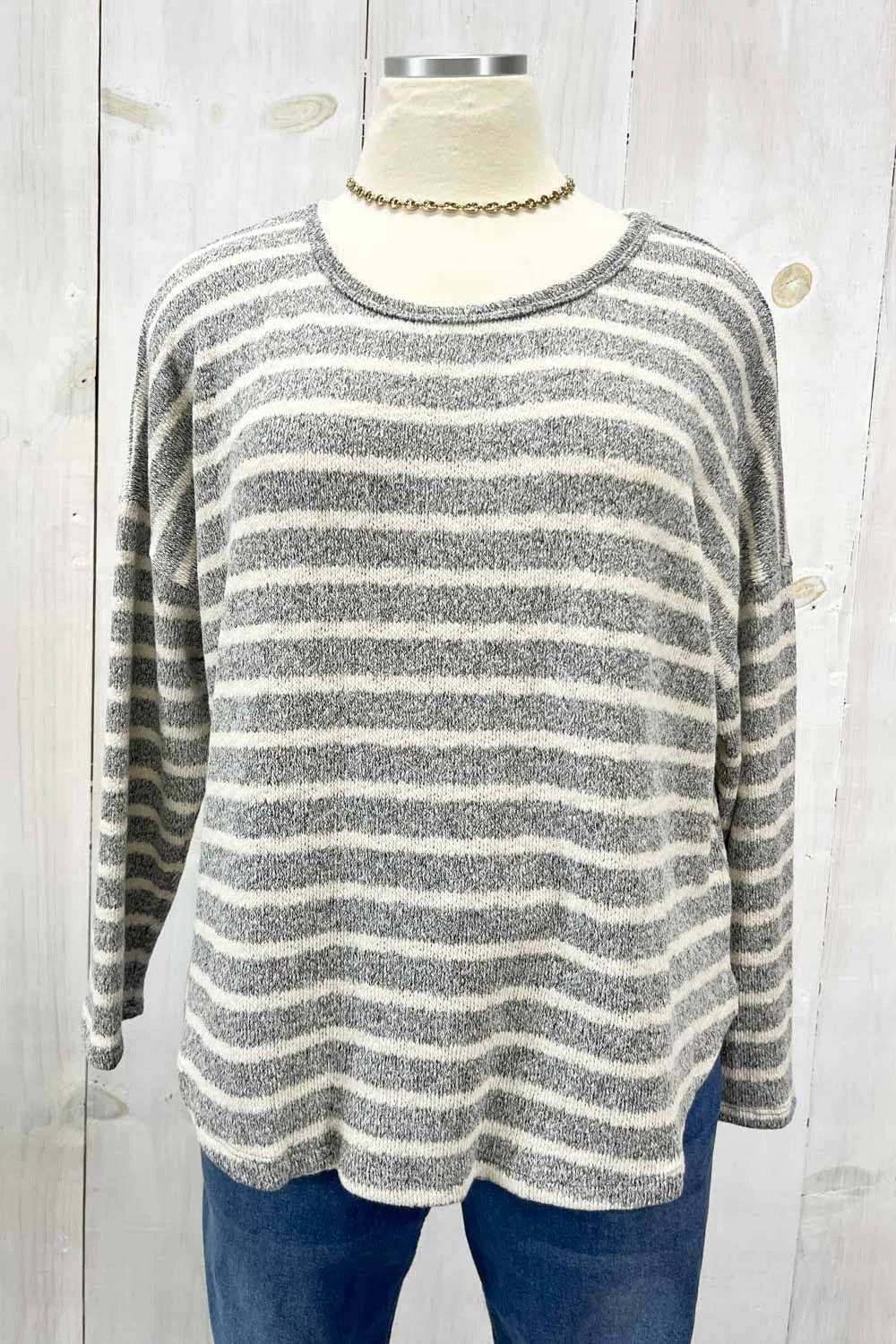 Plus Size Grey Cream Striped Long Sleeve Scalloped Hem Relaxed Fit Knit Top for wholesale on Faire0