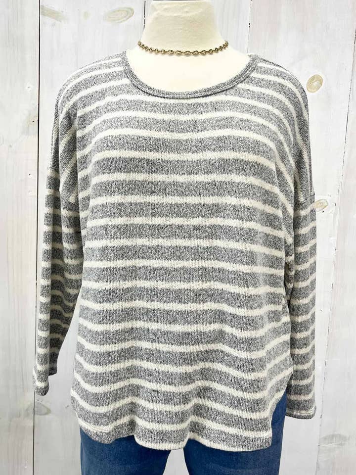 Plus Size Grey Cream Striped Long Sleeve Scalloped Hem Relaxed Fit Knit Top for wholesale on Faire