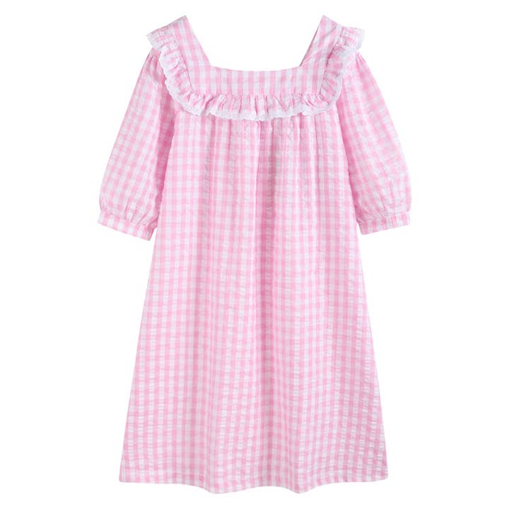 Lil Cactus - Wholesale Dress - Women's - Ladies Light Pink Cotton Striped Seersucker Nightdress PJs1