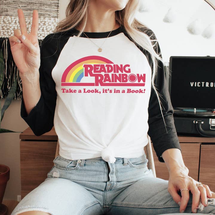 Reading Rainbow Raglan Tshirt: Vintage Librarian Book Lover for wholesale by Keen Bee Studio