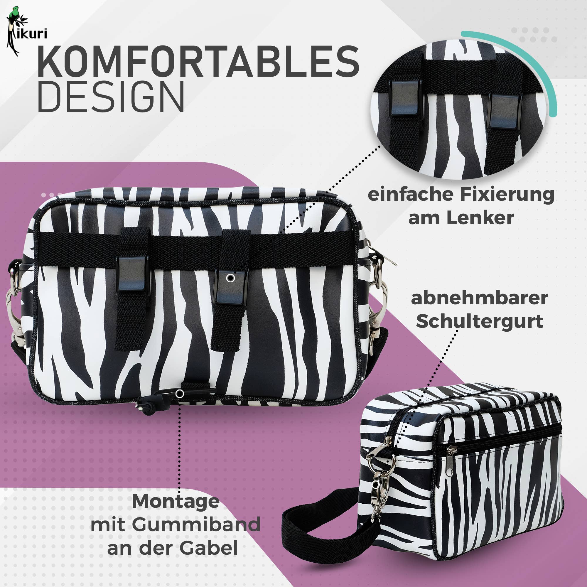 Ikuri - Vendita all'ingrosso Accessori per ciclisti - Borsa da manubrio - piccola borsa per bicicletta da manubrio - Zebra2