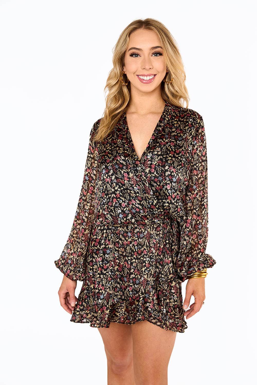 BuddyLove - Wholesale Romper - Women's - Jace Thornberry Black Floral Flowy Long Sleeve Romper
