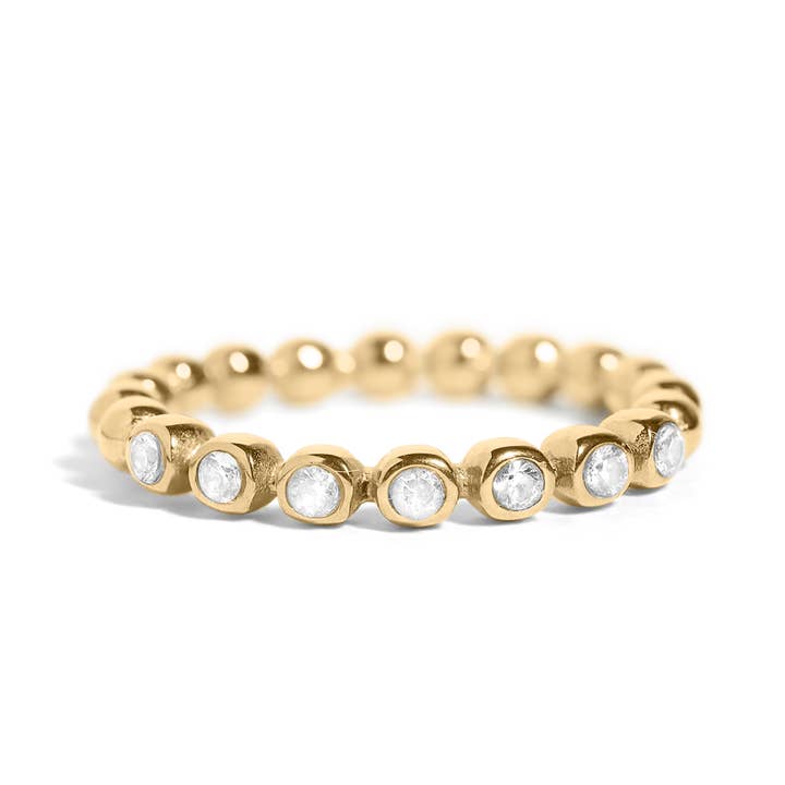 WJW - Wholesale Multi-Stone Ring - 18k Gold PVD Coated Beaded Stainless Steel CZ Stacking Ring