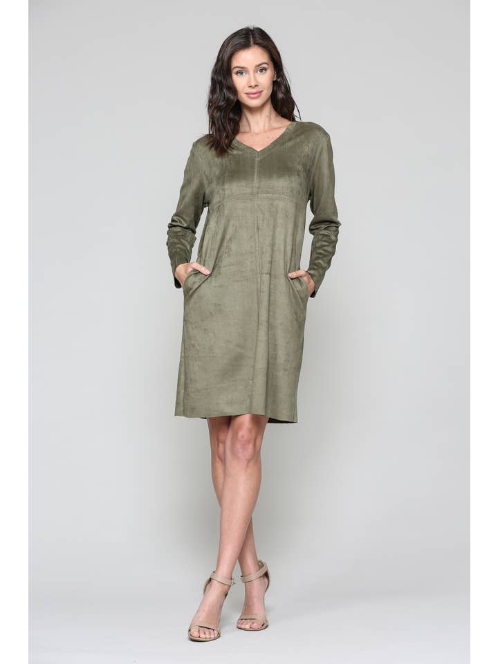 Joh Apparel – wholesale Dress – Women's – Aurora Stretch V-Neck Suede Dress with Pockets