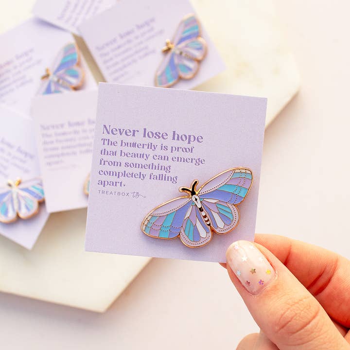 Purple Butterfly 'Never Lose Hope...' Enamel Pin Badge for wholesale by TreatBox
