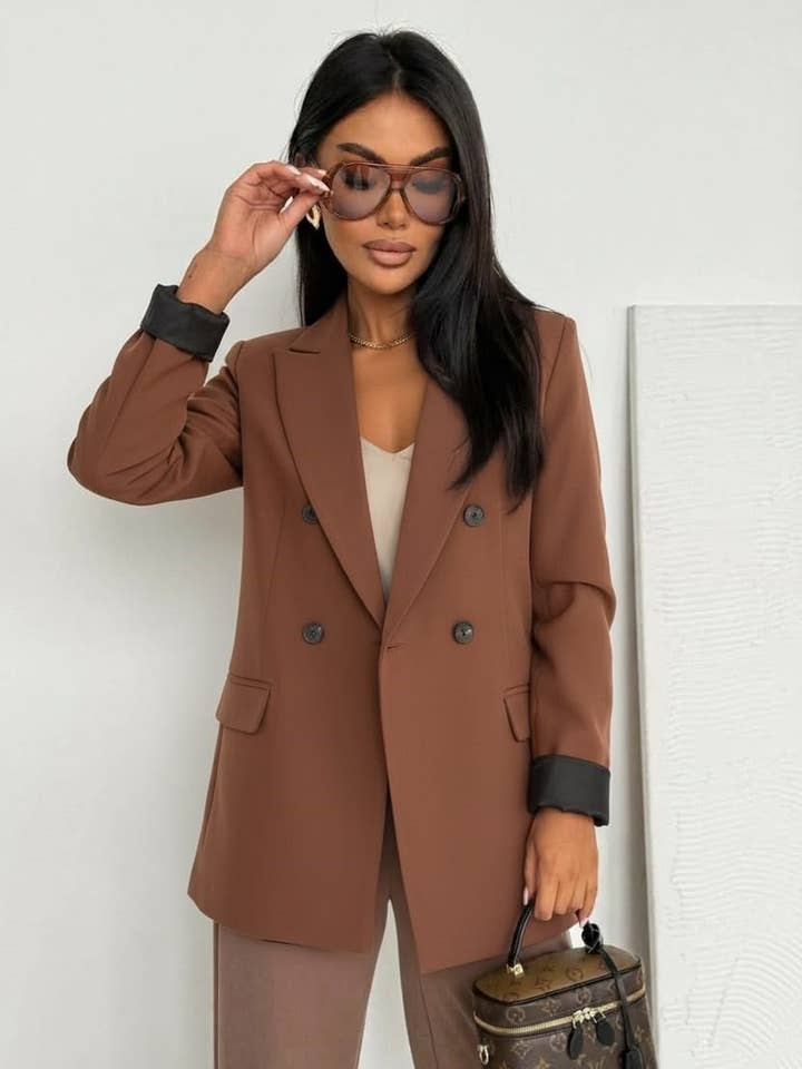 Myla Oversized Faux Leather Blazer Jacket-Brown for wholesale by Catwalk Wholesale