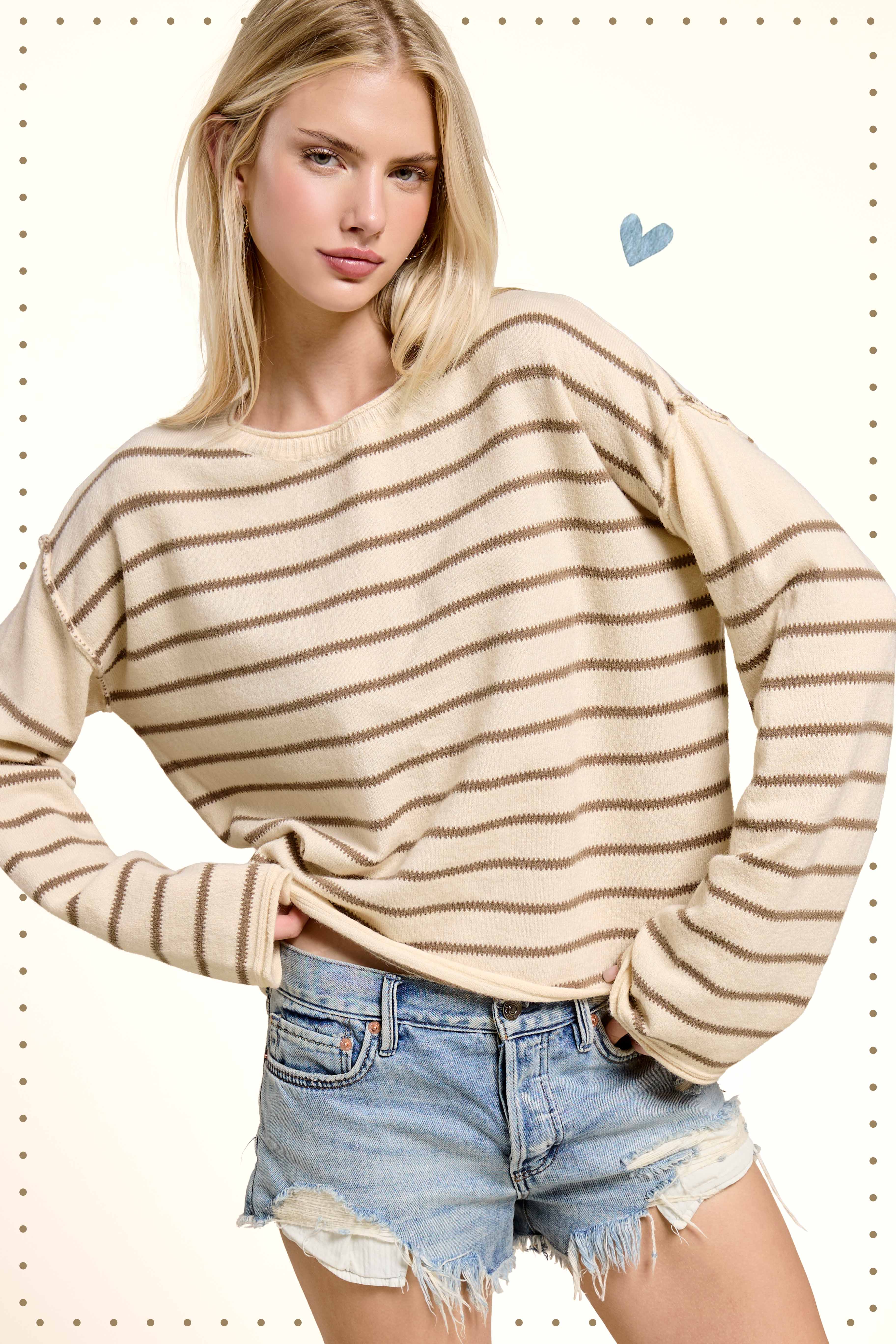 La Miel - Wholesale Knit Sweater - Women's - MCS3588-Striped Round Neck Loose Fit Long Sleeve Sweater8