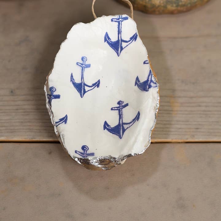 Navy Anchor Oyster Shell Ornament – Silver Rim for wholesale by Shell Yeah By Jaks LLC