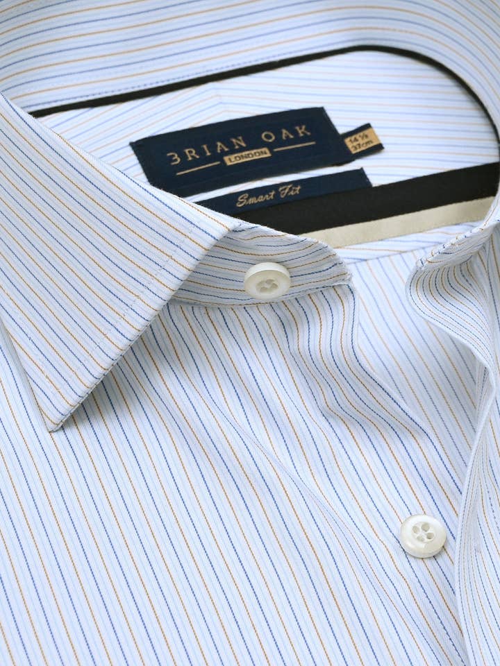 Gestreiftes Baumwollhemd – Blau und Senf für den Großhandel von Brian Oak Limited
