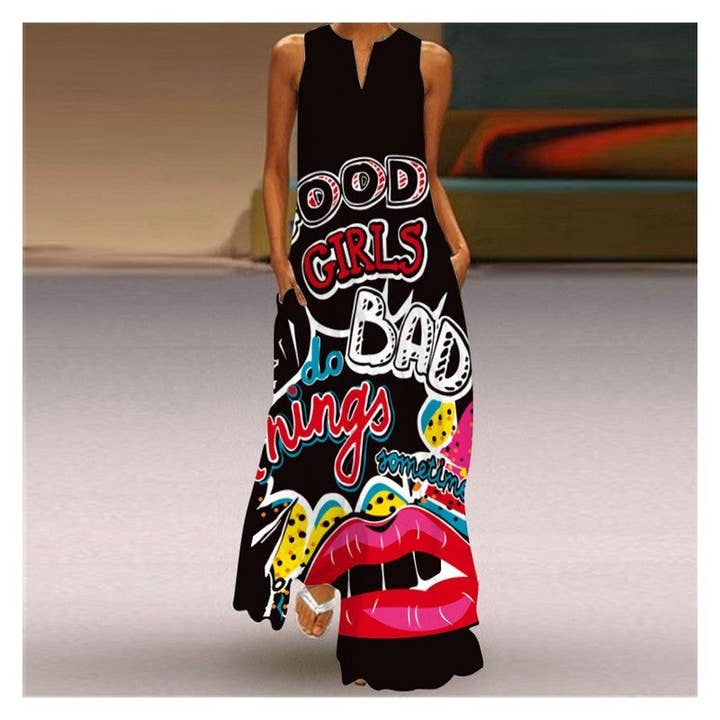 UZ Wholesale Store - Wholesale Dress - Women's - Vintage Sleeveless V-Neck Letter Print Maxi Dress