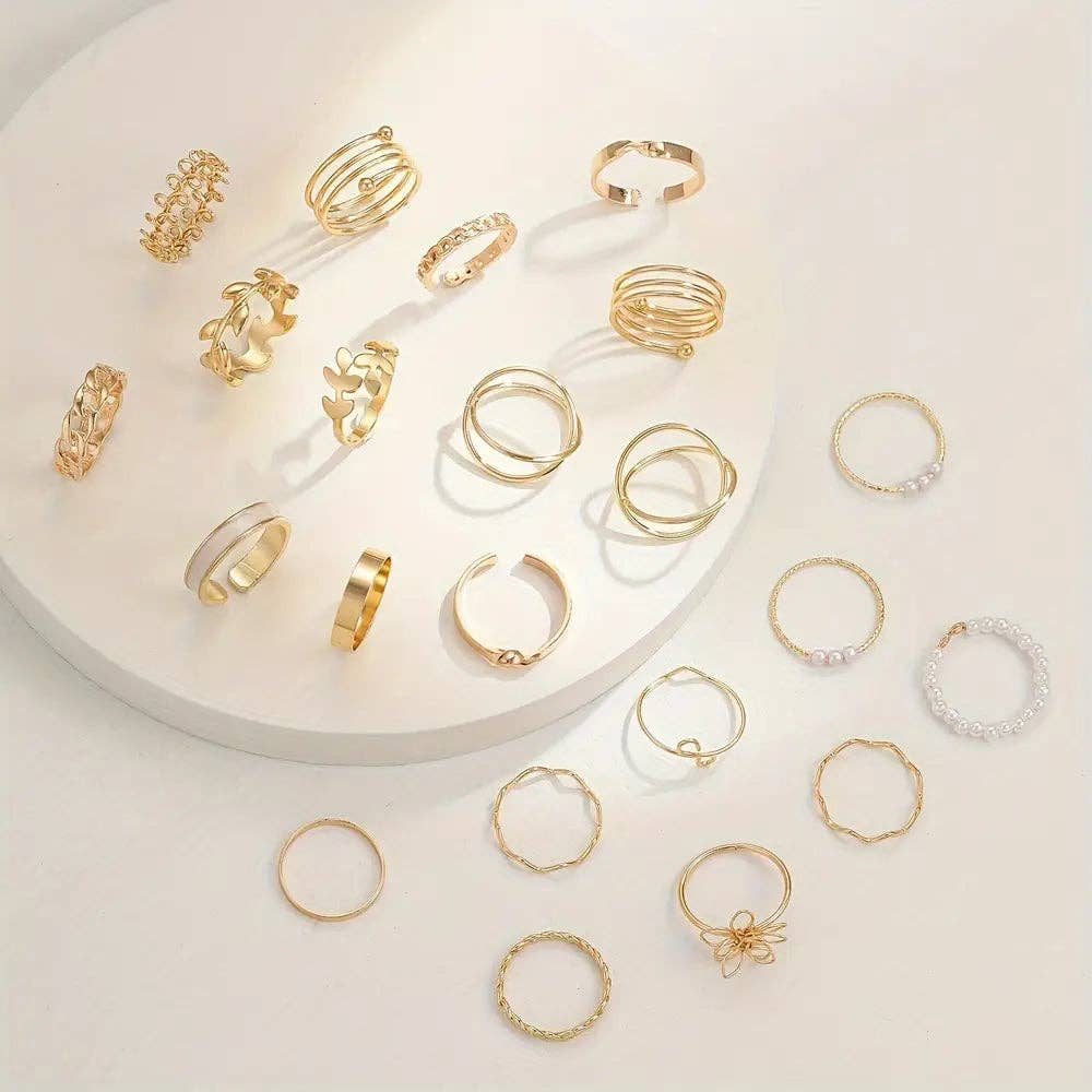 Huis Van Merken - Wholesale Jewelry Set - 21pcs Elegant Golden-Toned Ring Set with Geometric, Floral & Olive Motifs2