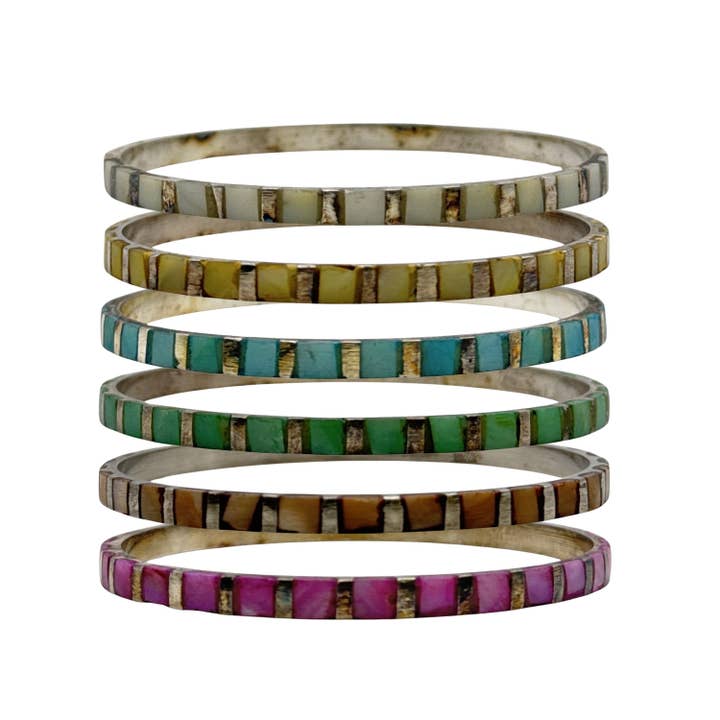 Multicolor Slim Inlay Bangle Set in Silver-Tone Brass for wholesale by Treasure Jewelry