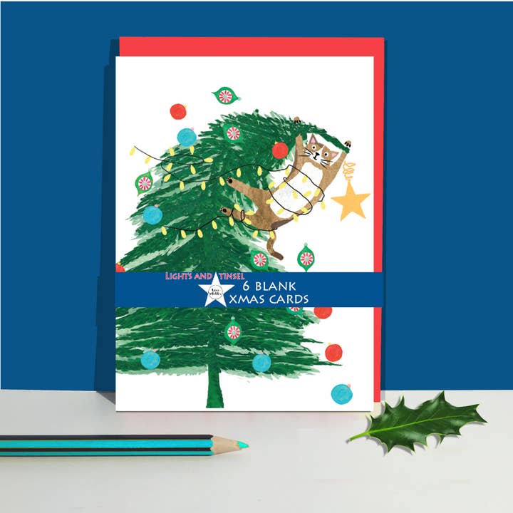 Christmas 6 Pack Cards - Mischievous Cat in Tree for wholesale by Lou Mills
