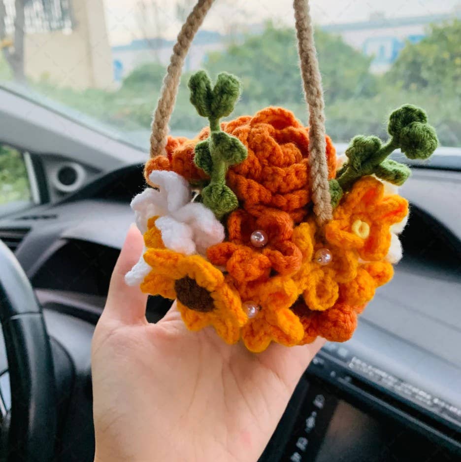TOMOPOD LLC - Wholesale Car Decorative Charm - Women's - Cute Crochet Flower Basket Car Mirror Hanging Ornament Decor6