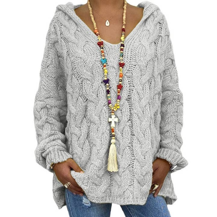FurDecoration - Wholesale Tunic Sweater - Women's - Solid Cable Knit Hooded Sweater3