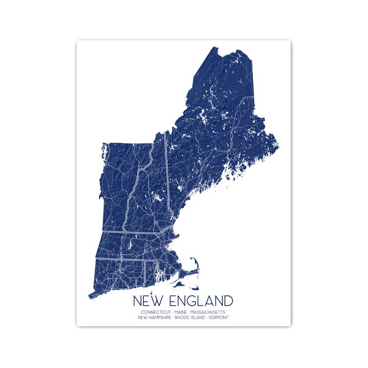 New England Map Art Print, Regional Poster, Connecticut, Maine, Massachusetts, New Hampsphire, Rhode Island, Vermont for wholesale by Maps As Art