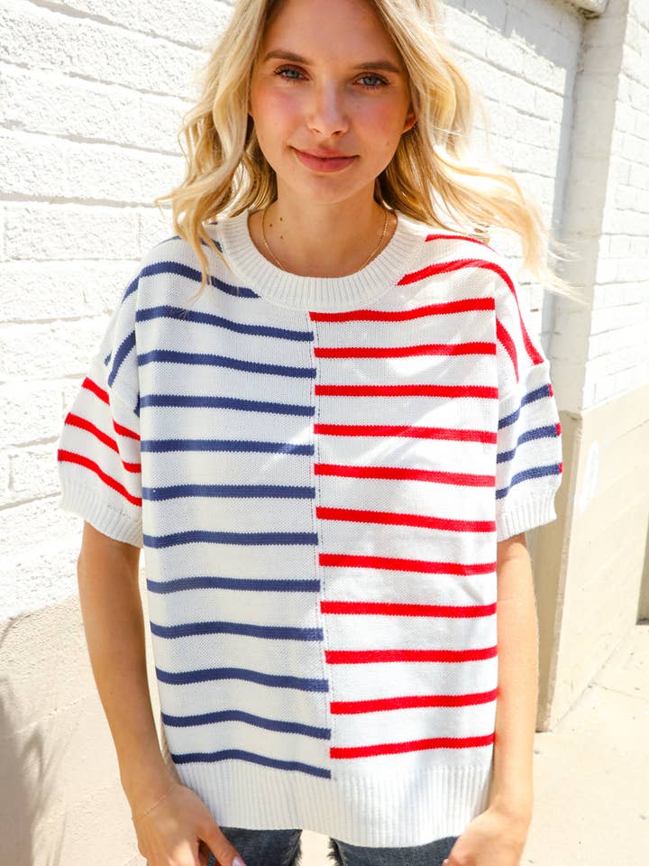 Patriotischer Rot-Blau-Gestreifter Oversize-Pullover mit Überschnittenen Schultern (Offene Packung) für den Großhandel von Promenade