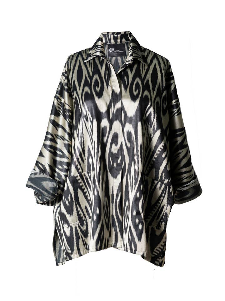 Camicia Ikat in Seta Oversize Bianco e Nero per la vendita all'ingrosso da parte di Bibi Hanum