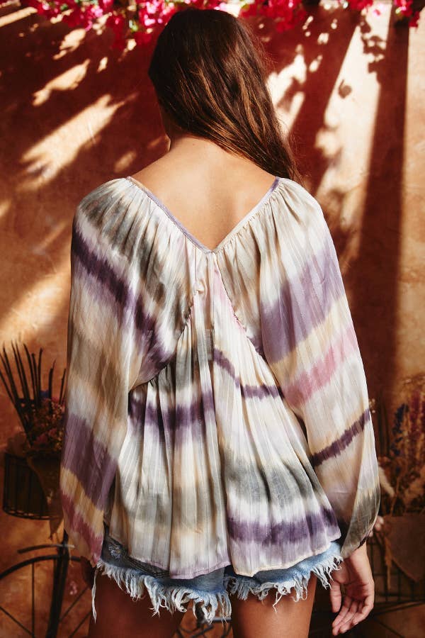 BLUSH CAMEL T1190-1C OUTLET SALE Ombre Lurex Chiffon Babydoll Blouse Top for wholesale on Faire10