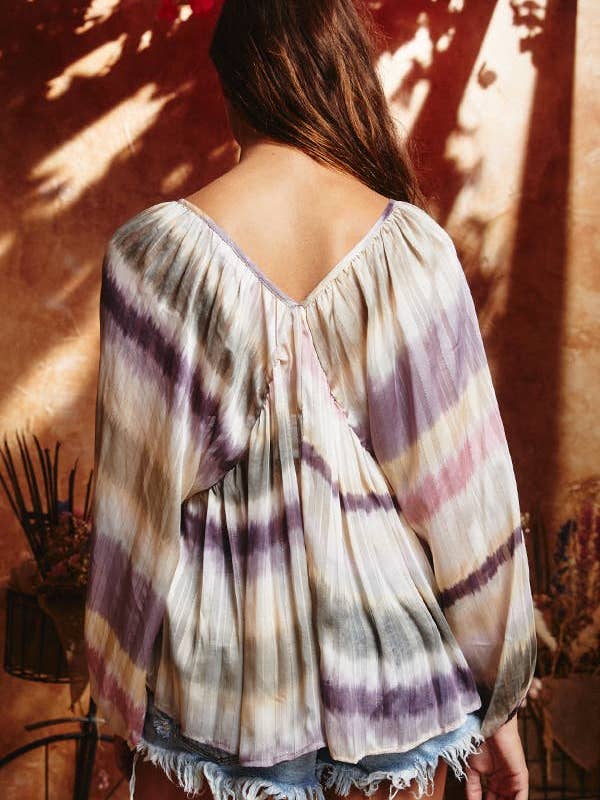 BLUSH CAMEL T1190-1C OUTLET SALE Ombre Lurex Chiffon Babydoll Blouse Top for wholesale on Faire10